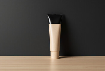 wooden cosmetic tube with a sleek black lid