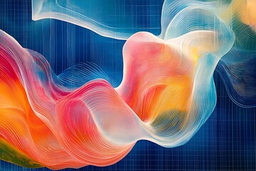 Abstract flowing ribbons of color and light on a blue grid background