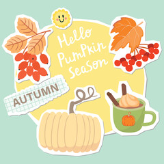 Autumn collage elements set with pumpkin, leaves,berries and drink. Hello Pumpkin season poster with cartoon objects and paper cut shapes. Yellow, red, orange,green and beige colors.Vector design.
