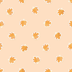 Autumn seamless pattern with maple leaves. Cartoon objects with paper cut shapes. Yellow, orange and brown colors on pink background. Floral print on fabric . Vector design for textile, wallpaper.