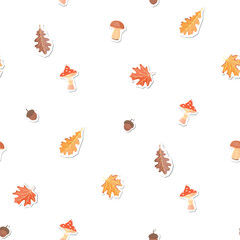 Autumn seamless pattern with forest mushrooms ,maple and oak leaves and acorns. Cartoon objects with paper cut shapes. Yellow, orange, red, brown colors on white background. Vector design for textile.