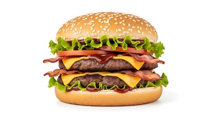 Double cheeseburger with bacon, lettuce, tomato, and sauce, isolated against a white background.