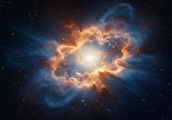 Fototapeta premium A dramatic cosmic nebula, resembling a bursting star, with vibrant orange and blue gas radiating from a brilliant central light in deep space.