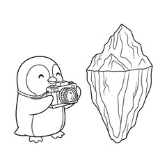 Cute cartoon penguin holding a camera and looking at an iceberg isolated on transparent background