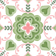 Watercolor decorative colorful ornament on isolated background. Symmetric seamless batik floral mandala tribal ethnic pattern for fabric textile card wallpaper