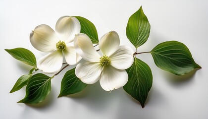 Obraz premium flowering dogwood branch displaying white blossoms and verdant leaves resting against white background with botanical precision