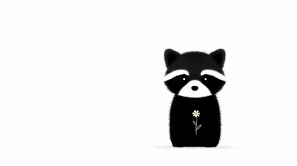 Obraz premium Adorable raccoon illustration holding a delicate flower in a charming vintage line art style perfect for animal lovers and nostalgic decor