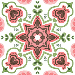 Watercolor decorative colorful ornament on isolated background. Symmetric seamless batik floral mandala tribal ethnic pattern for fabric textile card wallpaper