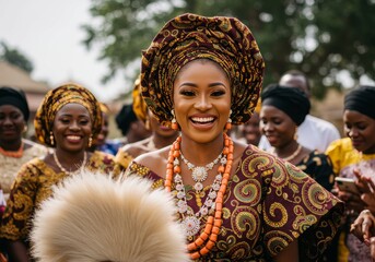 Smiling African woman in rich traditional attire with a burgundy headwrap and elaborate beadwork, celebrating cultural identity.