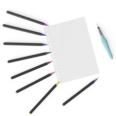 Top view of colorful real brush pens arranged around a blank paper sheet with a craft knife. Ideal for design, illustration, or creative workspace themes.