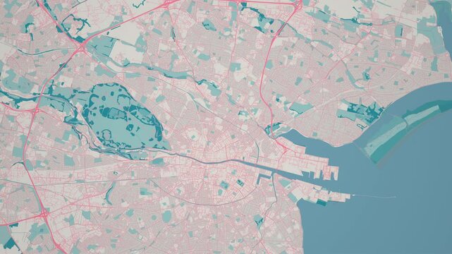 Zoom in on the map of Dublin City, the Capital of the Republic of Ireland, with text. Cinematic digital abstract 3d world map animation highlights aerial views, tourism, and travel. 4k