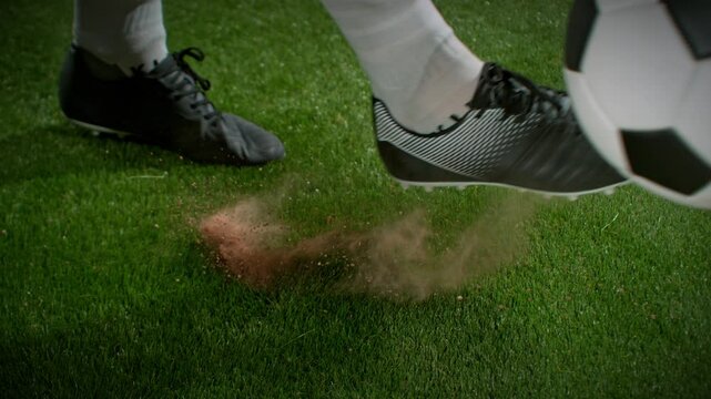 Super Slow Motion Shot of Professional Player Kicking the Ball at 1000fps.