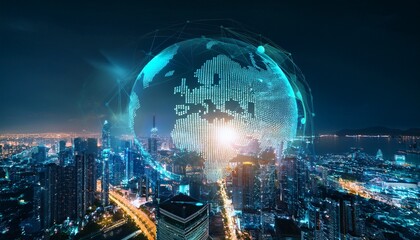 futuristic city skyline with illuminated digital globe at night