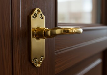 Obraz premium Close-up of a classic brass door handle with intricate design on a dark wooden door, showcasing elegant interior details and traditional craftsmanship.