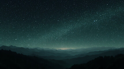 Fototapeta premium Green starry night sky illuminates serene blue mountain peaks creating a mystical tranquil landscape perfect for natural beauty enthusiasts and peaceful digital art collectors