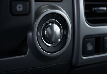 Close-up of a modern car's engine start/stop button on the dashboard, emphasizing advanced technology and convenient vehicle controls.