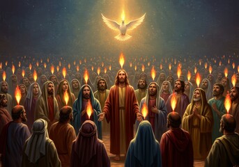 A depiction of Pentecost with Jesus and disciples receiving the Holy Spirit as tongues of fire, symbolizing divine inspiration and the birth of the Church.