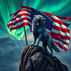 Naklejka premium A howling wolf, American flag, Northern Lights. Patriotic wildlife scene on a mountain top under the aurora borealis.