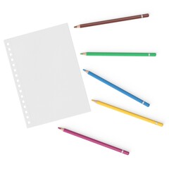 Top view of colorful pencils arranged around a blank sheet of textured paper on a white background. Perfect for school, art, or creative projects.