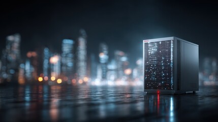 Server rack processing digital data in a dark room full of high-tech equipment