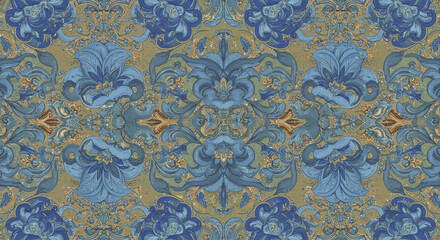 Intricate blue floral damask textile design antique baroque style textured grunge background