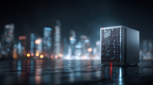 Server rack processing digital data in a dark room full of high-tech equipment