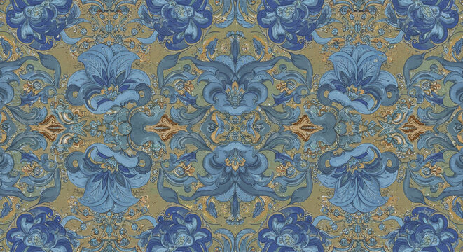 Intricate blue floral damask textile design antique baroque style textured grunge background