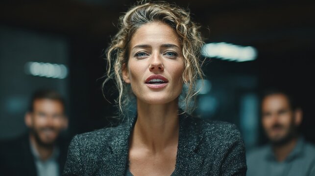 Confident woman in a business suit interacts with a holographic display in the evening