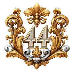 Ornate Golden Emblem with Number 44 Featuring Elaborate Floral and Scrollwork Details Against Transparent Background