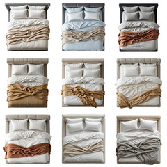 Top-down Modern Designer Bed Set in Neutral Tones with Warm Accents. Transparent Background. for Collages and Floor Plan Visualization