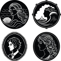 A black and white vector illustration of a classic Victorian-style cameo silhouette , Vector silhouette set of cameo man and woman on white background