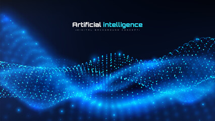 Blue glow particle wave motion on dark background. Futuristic digital big data technology scene of deep learning artificial intelligence of brain wave design concepts. Vector illustration.