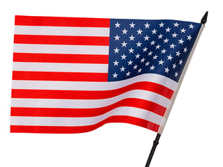 National flag of United States with black plastic post tilted forward and with curved canvas...