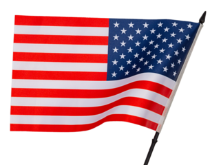 National flag of United States with black plastic post tilted forward and with curved canvas wriggling in wind is isolated on transparent background. Blank for holidays art works with clipped path