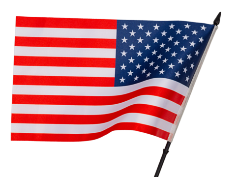 National flag of United States with black plastic post tilted forward and with curved canvas wriggling in wind is isolated on transparent background. Blank for holidays art works with clipped path