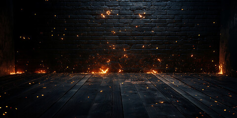 Interior scene with black brick wall and dark wood floor illuminated by fire sparks