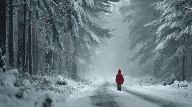 Little girl in red cloak walking along snow covered road through a dense winter forest during heavy snowfall
