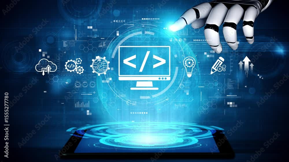 Poster modern web development concept featuring coding symbols, web development process, web development in