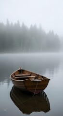 Obraz premium Serene Escape: Boat on Misty Lake, Reflective Calmness