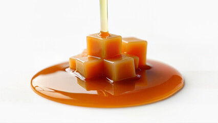Isolated caramel candies stacked and covered with flowing caramel sauce on a white background. Suitable for illustrating dessert ingredients, confectionery, or sweet food concepts.