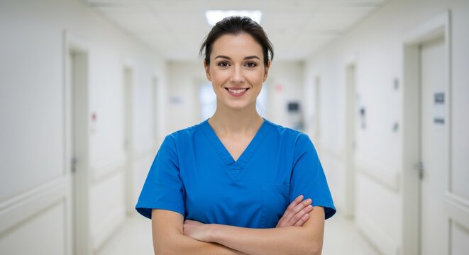 Confident Nurse Smiling with Crossed Arms in Bright Hospital Hallway