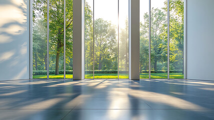 Interior view of modern building with large windows overlooking lush green trees and sunlight casting shadows on polished concrete floor
