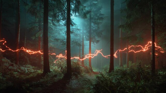 Mysterious glowing red energy floating through misty forest at night, surreal fantasy atmosphere.