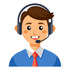 Young man call center employee smiling and assisting customers with headset on white backdrop