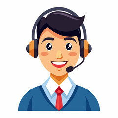 Happy young man in headset delivering professional service in bright studio with white background