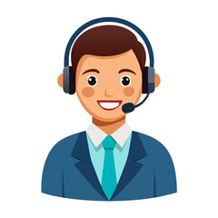 Positive customer care agent with headset smiling confidently against simple white background