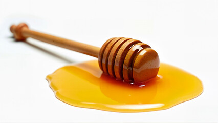 A wooden honey dipper rests in a pool of sweet honey on an isolated white background. Suitable for illustrating food, natural sweeteners, or kitchen utensils.