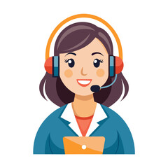 Smiling female customer care representative wearing microphone headset on white isolated background