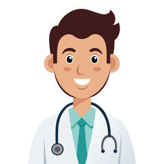 Smiling healthcare professional wearing white coat and stethoscope standing against white backdrop