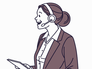 Friendly woman call center employee wearing microphone headset smiling warmly on white background